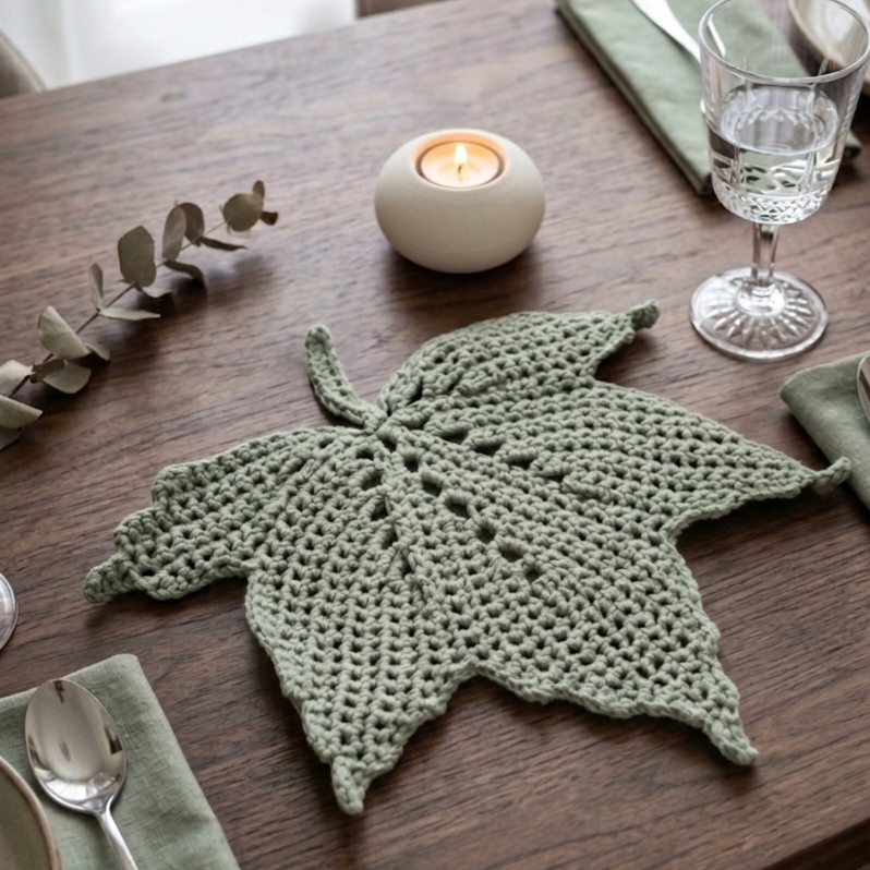 Feuille de vigne décorative, création artisanale au crochet. Origine Champagne.