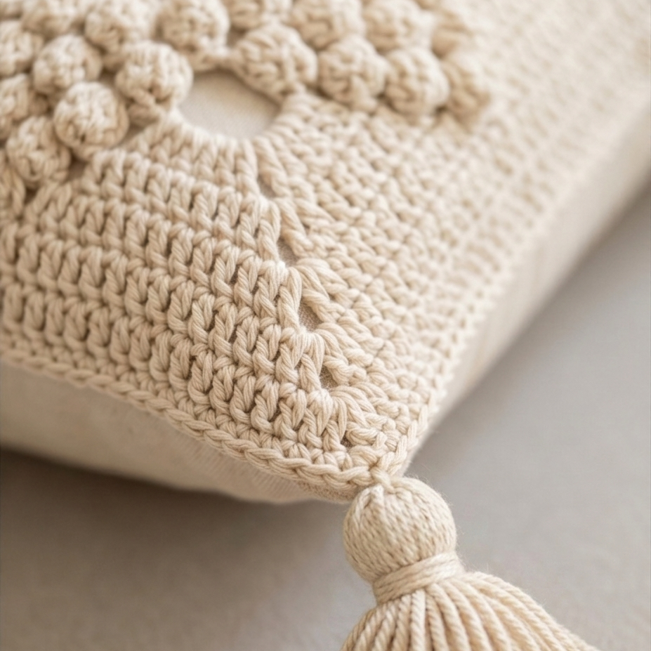 Coussin Grappes, création artisanale au crochet. Origine Champagne.