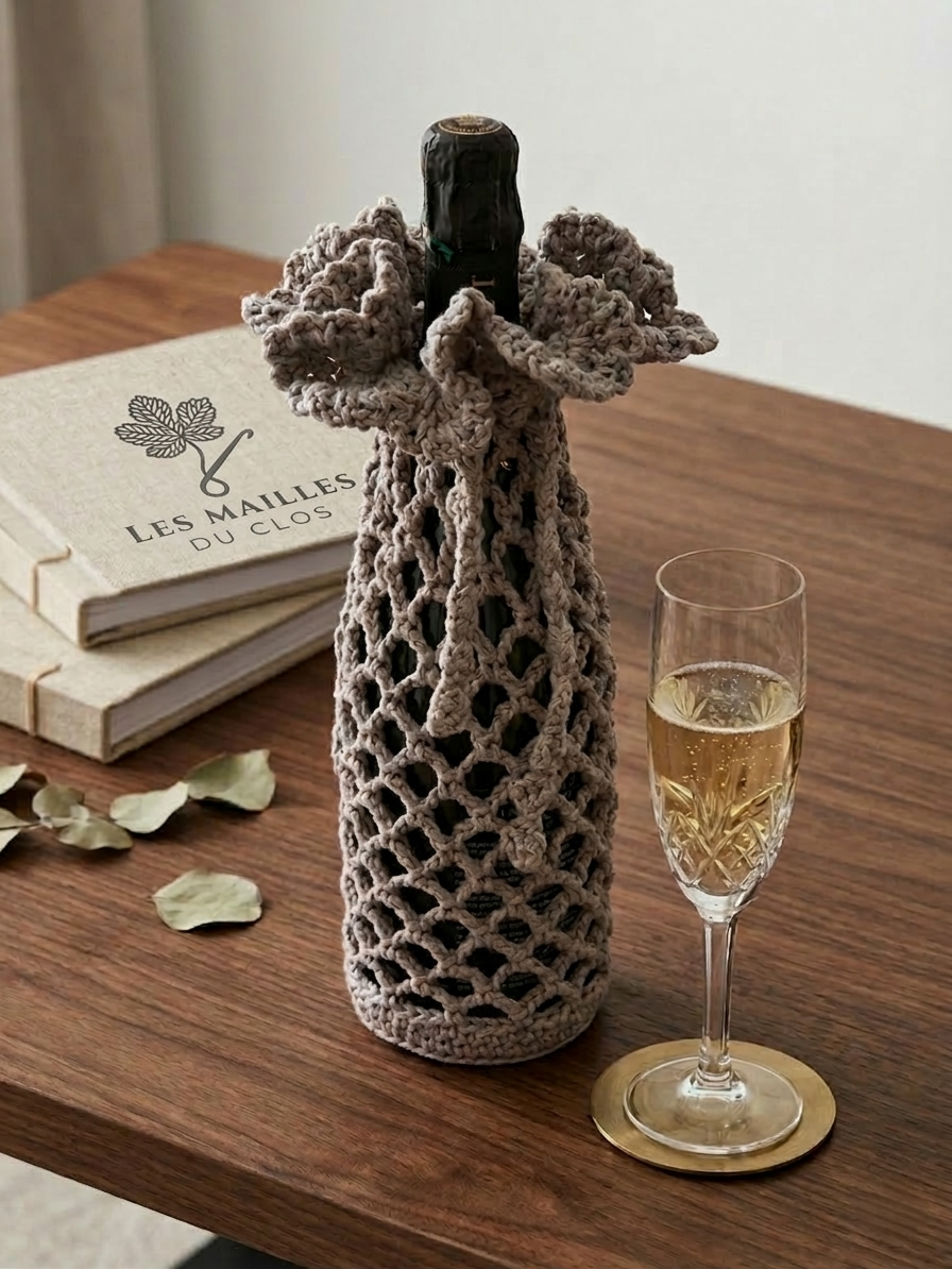 Habillage bouteille, création artisanale au crochet. Origine Champagne.