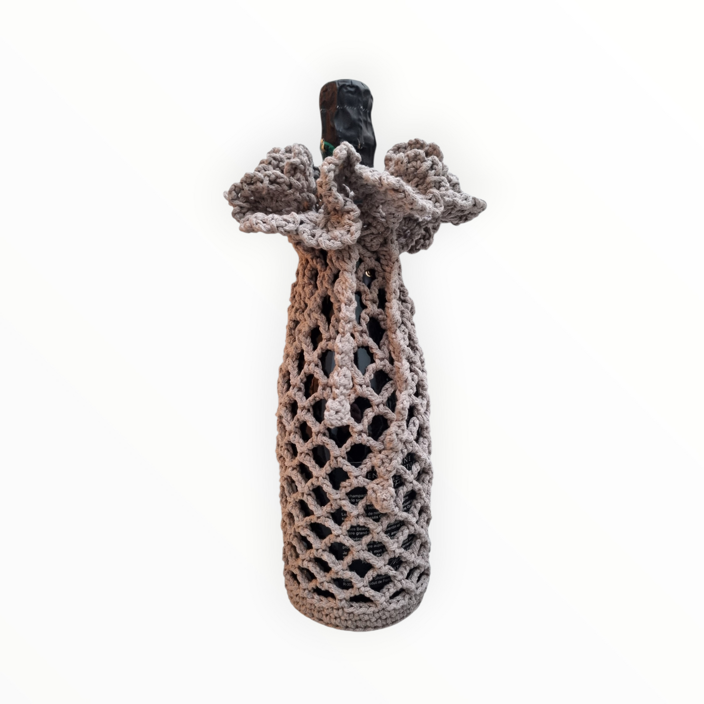 Habillage bouteille, création artisanale au crochet. Origine Champagne.