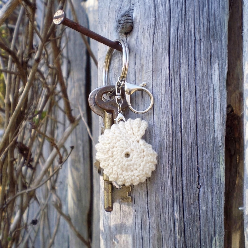 Porte-clé ammonite, création artisanale au crochet. Origine Champagne.