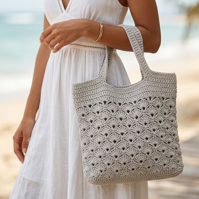 Sac de plage coquilles, création artisanale au crochet. Origine Champagne.
